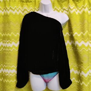 Deep Black Velvet Asymmetrical Off-shoulder Top